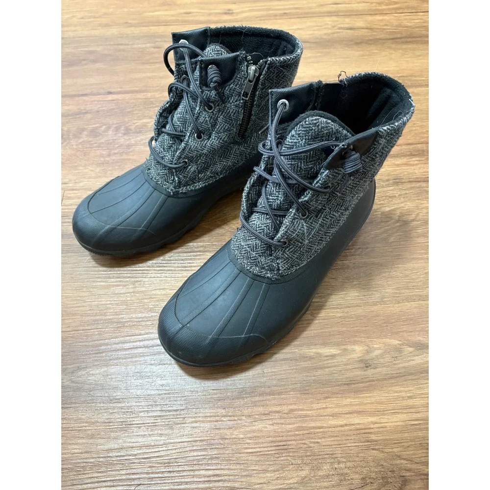 Sperry Saltwater Herringbone Wool Duck Boots Black Grey STS99766 Womens 10M